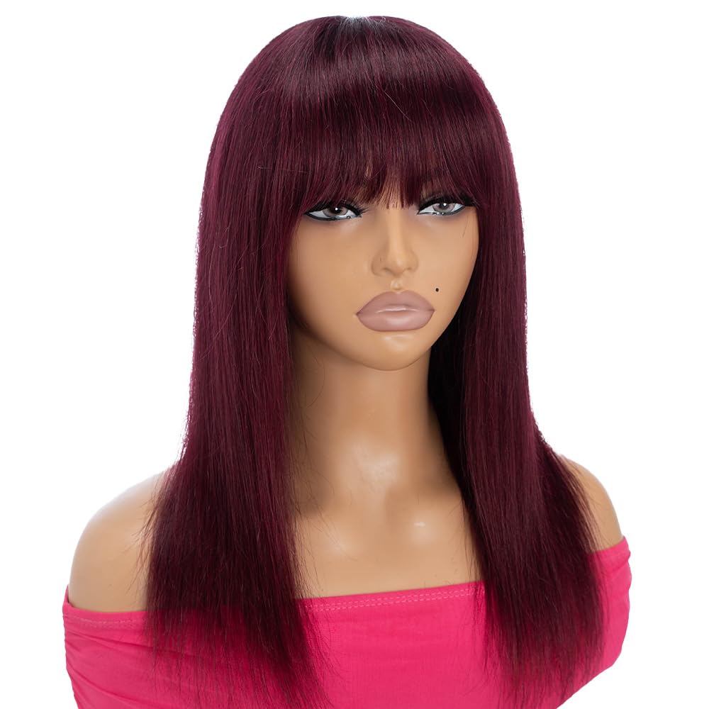 Rebecca Fashion Burgundy Straight Wig with Bangs Human Hair Silky Straight Bang Glueless Minimalist 2.75x1 Lace Scalp Wig for Women Brazilian Remy Hair 16 Inch