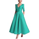Caodip Tea Length Prom Dresses for Women Satin Elegant Formal Evening Gown A Line Wedding Guest Dress with Sleeve