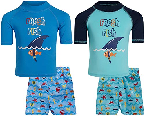 'Sweet and Soft Boys 4-Piece Rash Guard and Trunk Swimsuit Set - Short Sleeve, Fresh Fish, Size 2T'