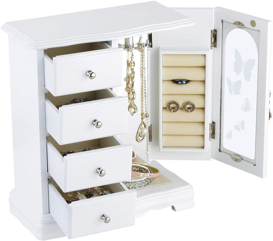 Jewelry Box - Made of Solid Wood with 4 Drawers Organizer and Built-in Necklace Carousel and Large Mirror White: Home Improvement