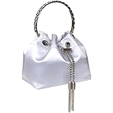 Cokvkuu crystal handle evening handbag, white satin with silver tassels, women's drawstring bucket handbag