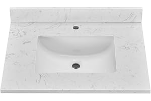 EQLOO 30" x 22" Vanity Top, Volakas White Engineered Stone Vanity Sink Top, with Undermounted Rectangular Sink & Backsplash Countertops, Pre-Drilled Single Hole for Bathroom Vanity Top with Sink