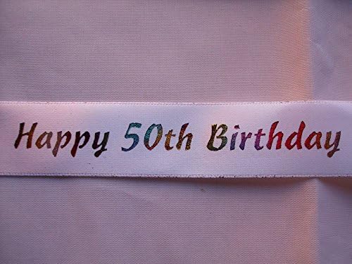2 Metres of Club Green"Happy 50th Birthday" Ribbon - White With Multicoloured Writing - 23mm Wide