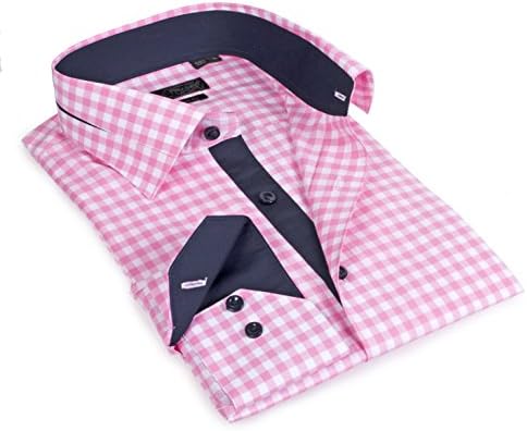Mens Shirts- Levinas - Dress and Casual - 100 Percent Cotton Long Sleeve- Button Down Shirts - Contemporary Fit,Pink Gingham With Trim,X-Large