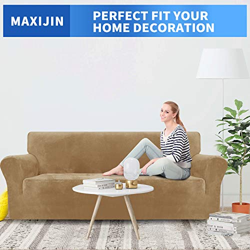 MAXIJIN Thick Velvet Sofa Cover for 3 Seater, Super Elastic Non-Slip Sofa Cover, Pet Friendly 1 Piece Furniture Protector (3 Seater, Camel)