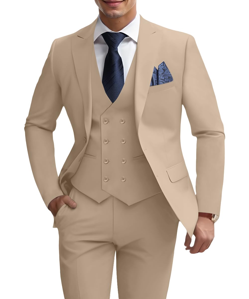 Photo 1 of Mens Slim Fit Suits Wedding 3 Piece Suit Set Groomsmen Wedding Dress Tuxedo for Formal MD Champagne