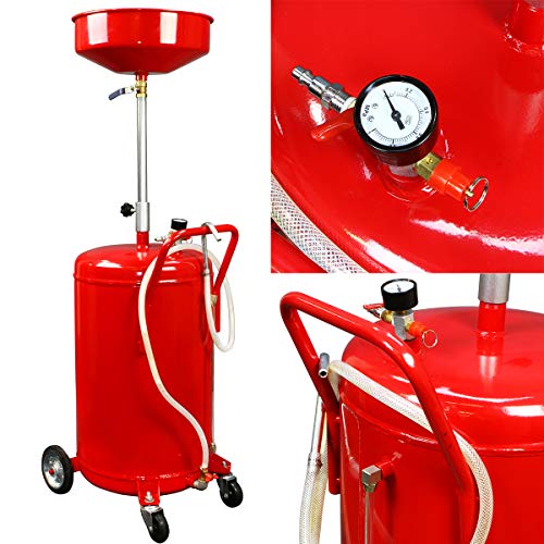 XtremepowerUS 20 Gallon Portable Waste Oil Drain Tank Air Operated Drainage Adjustable Funnel Height with Wheel, Red