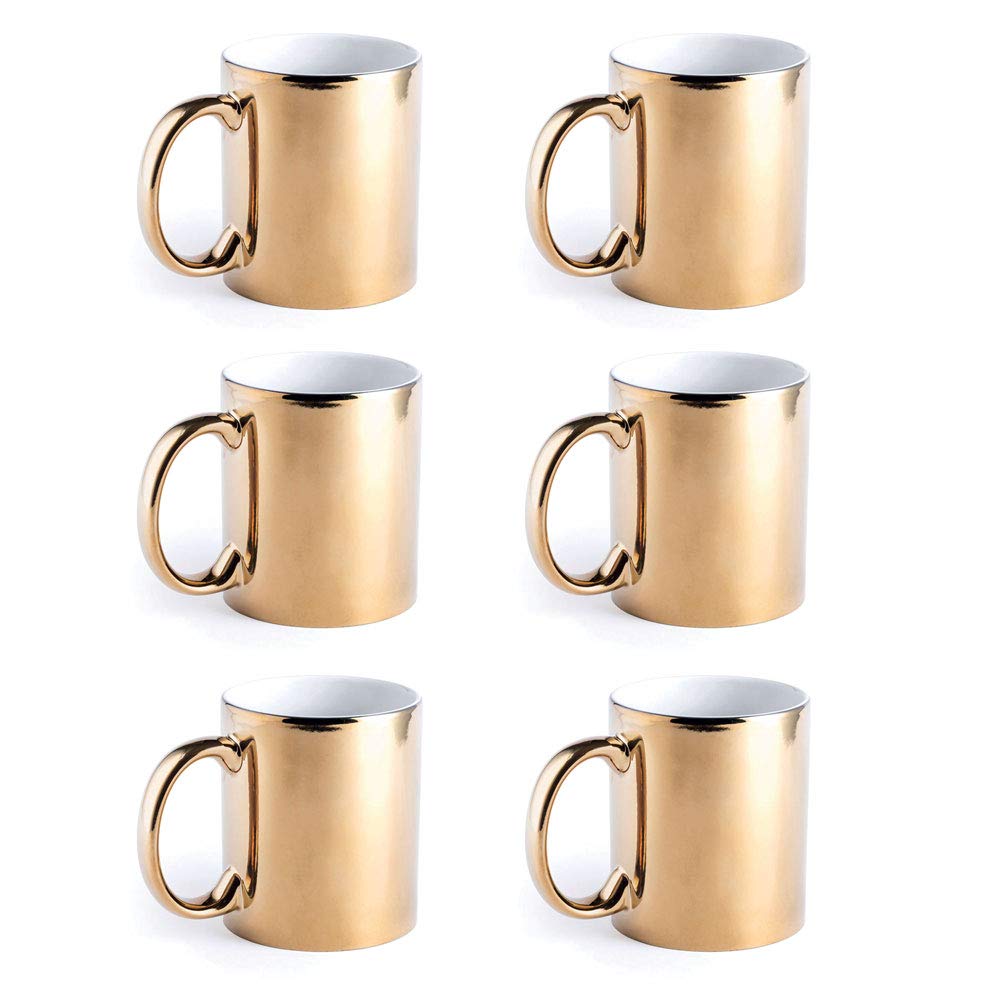 eBuyGB Metallic Large 350ml Ceramic Tea Coffee Mugs, Set of 6 (Gold)