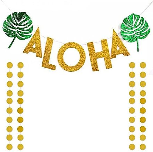 Gold Glittery ALOHA Green Leaves Garland and Gold Glittery Circle Dots Garland(50pcs Circle Dots),for Hawaiian Summer Tropical Luau Beach Summer Party Decoration Supplies