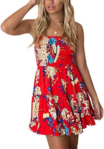 LASOR Women's Strapless Floral Print Ruffle Pleated Flowy Skater Mini Tube Dress