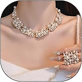 GIGB PBDK Chunky Pearl Statement Jewelry Set for Women,Dainty Pearl Cluster Choker Sparkly Rhinestone Collar Necklace Earrings Wedding Jewelry Bridal Bridesmaid