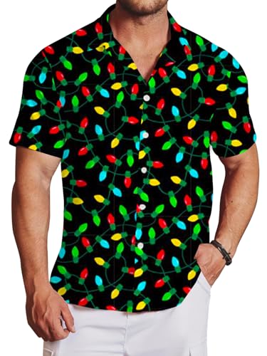 Christmas Button Shirt for Men Xmas Printed Shirts Holiday Christmas Light Collared Top M at Amazon