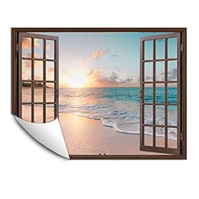 Wall Murals for Bedroom Fake Window Beach Brown Window Removable Wallpaper Peel and Stick Wall Stickers - 24x32 inches