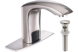 YCCUZA Automatic Sensor Touchless Bathroom Faucet Brushed Nickel Match Pop Up Drain with Overflow Motion Actived Solid Brass Bathroom Sink Faucet with Hole Cover Plate Hands Free Vanity Faucets Deck Mount