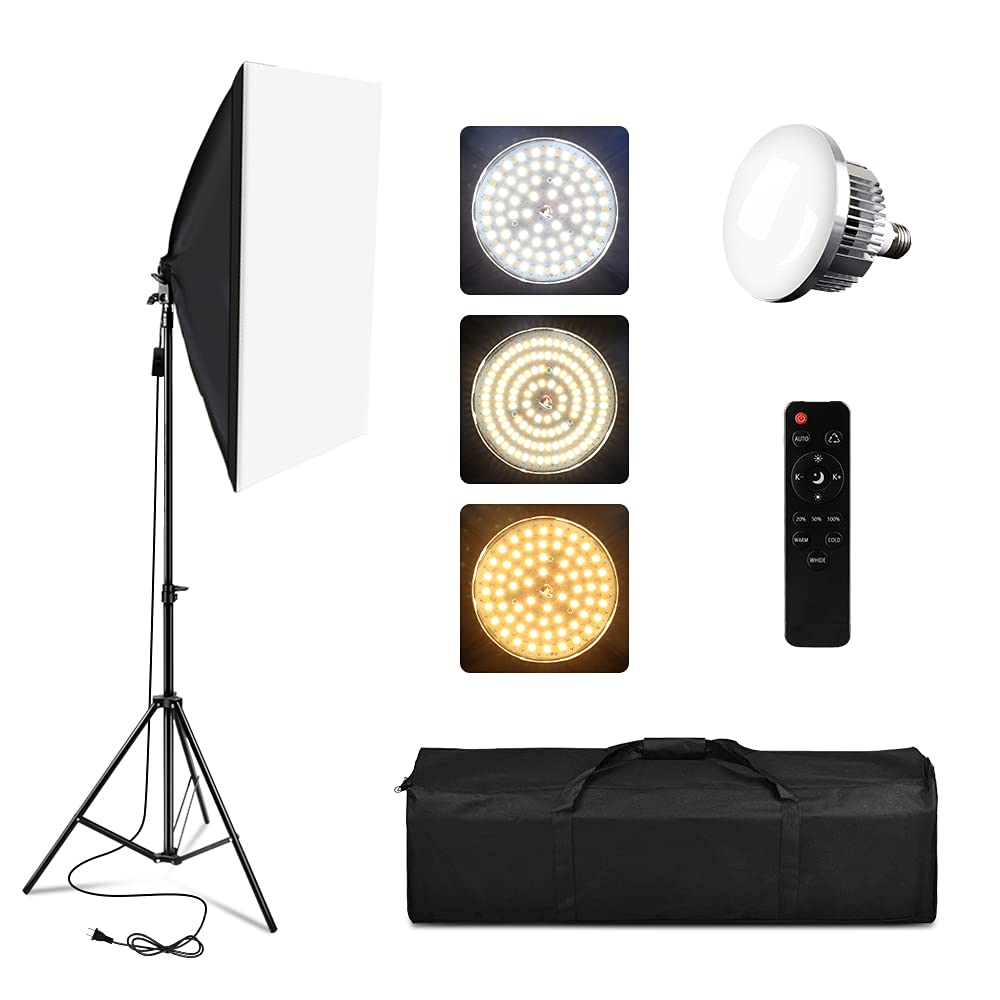 Softbox Lighting Kit, Professional Studio Continuous Equipment with 2M Light Stand, 3200-5500K 85W Remote Control Bulb with Remote Control for Photo Studio Portrait Photography, Video Shooting