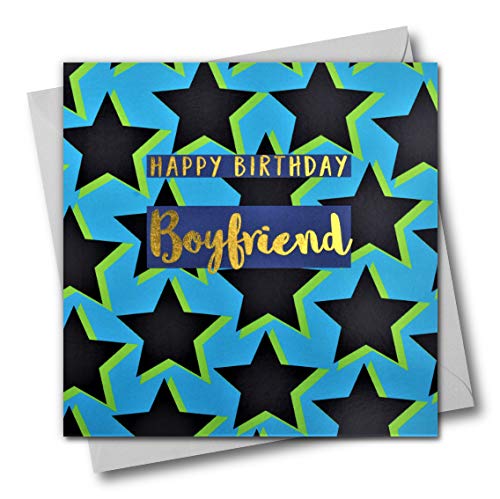 Claire Giles Greeting Cards, Happy Birthday Boyfriend Card, Star Design Greeting Card, Text Foiled in Shiny Gold