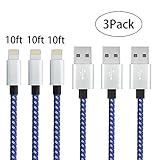 iPhone Charger Chamfind,iPhone Lightning to USB Cable (3Pack 10FT) Syncing and Charging Cord for iPhone 7,iPhone6,6s, 6 Plus,6s Plus, iPhone 5 5s 5c,SE, iPad Air, iPod,iPod (BlueWhite)