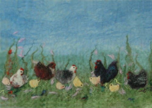 Artfelt chicken picture felting kit, a carefully designed craft kit with everything you need to make a felted picture with chickens, chicks and a cockerel by Art Felt