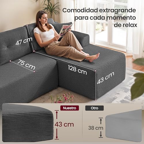 Sofá de canto, sofá modular de 244 cm, entrega compacta, sem montagem, com grande chaise longue à direita, para sala de estar ou quarto de hóspedes, cinzento ardósia LCS184GN01