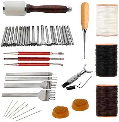 EVNSIX 20pcs Leather Carving Working Saddle Making Tools Hammer Swivel Knife Leather Craft Modelling Pen 4mm 1/2/4/6 Leather Prong Kit Waxed Thread Hand Stitching Sewing Needles
