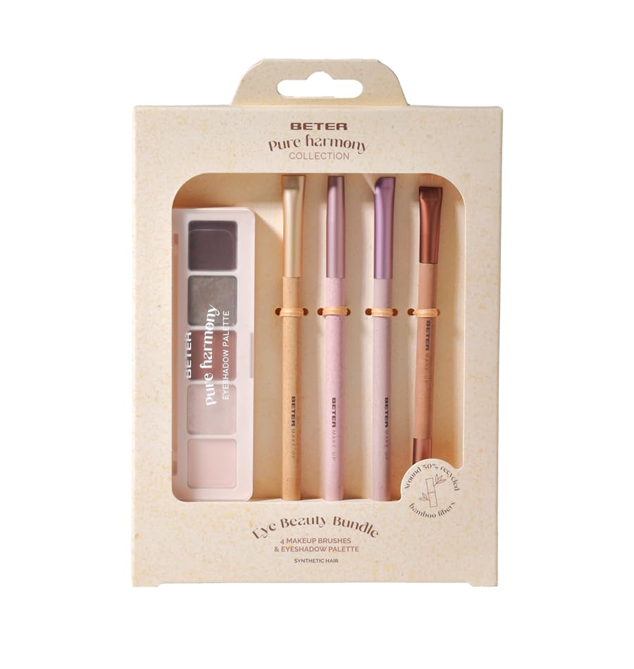 Beter - Eye Makeup Brush Set and Eyeshadow Palette with 4 Shades + Highlighter, Pure Harmony, 4 Eye and Eyebrow Brushes, Synthetic Hair and Bamboo Fibers, Perfect for Gifts, Christmas