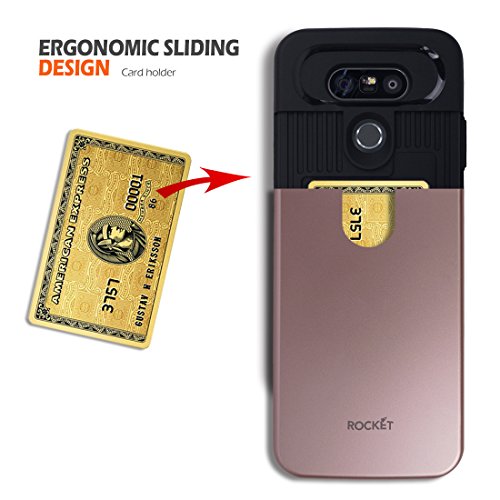 G5 Wallet Case [Card Slot] [Heavy Duty] [Slim Fit] Ergonomic Dual Layer Hybrid PC TPU Tough Shield Front Screen Drop Protection Rubber Back Bumper Slide Cover LG G 5 (Rose Gold)