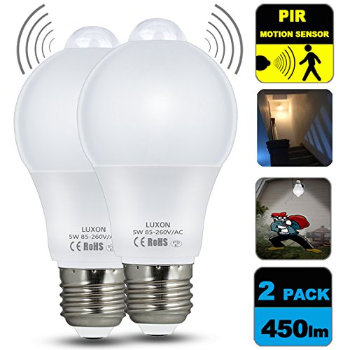 Motion Sensor Light Bulb 5W Smart LED Bulbs PIR Detector Lamp Dusk to Dawn Night lights E26 Base Indoor Outdoor Light Bulbs Soft White 2700K for Wall Lighting Garage Porch Stairs Hallway Pack of 2