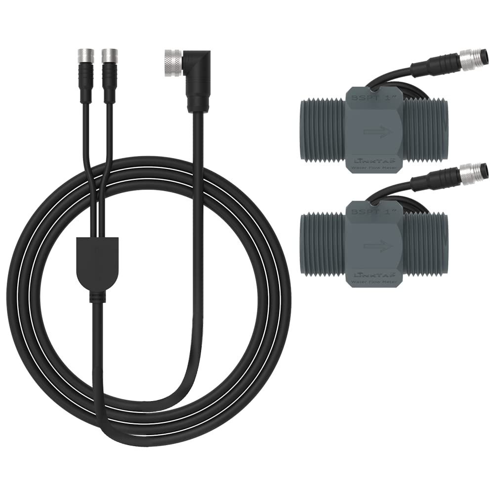 LinkTap 1" BSPT Flow Meter x 2 & 1.5m 2-in-1 Connection Cable, Used 2-Zone Smart Sprinkler Controller ValveLinker, Compatible 2/5/10m Extension Cables