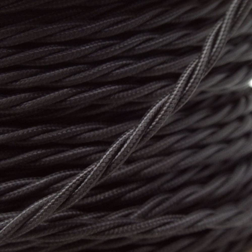 Art Deco Emporium PRE-CUT 3 Meter Length Vintage Styled British Black Coloured Cloth Covered Braided Twist Flex - Electric Cable 3 Core; Electrical Wire 6Amp; Lighting Flex 0.75mm