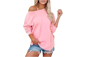 WUAI-Women Off The Shoulder Sweatshirt Slouchy Long Sleeve Crewneck Solid Color Loose T Shirt Sexy Pullover Tops