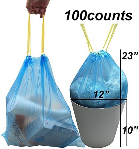 Fanmaous Drawstring Waste Basket Trash Bags, Durable Home Kitchen Office 6 Gallons Large Garbage Bag, 100 Counts/Roll, Blue