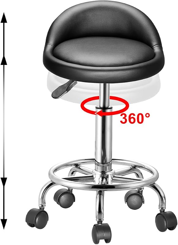 Taburete con Ruedas, Asiento Acolchado y Respaldo bajo de Piel sintética, Base con reposapiés de Acero Giratorio 360°, Altura Regulable, Ideal para esteticistas, Bares, cocinas, restaurantes — foto 5 de 8