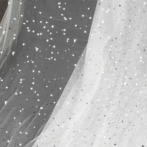 Homiest Glitter Tulle Fabric Rolls with Star Moon Sequin, 1 Yard x 54