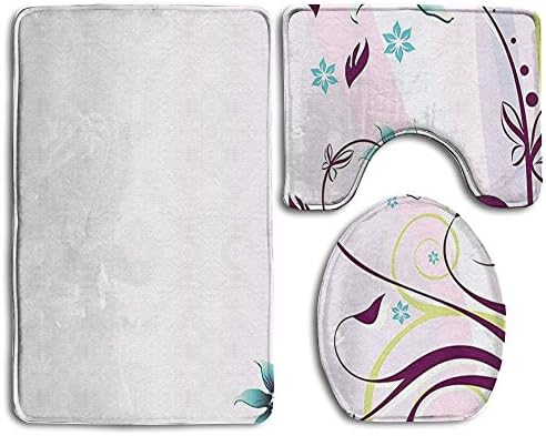 Guiping Nature Ivy Swirls Flowers Leaves With Wavy Like Light Pink Geometric Backdrop Bathroom Rug Mats Set 3 Piece,Funny Bathroom Rugs Graphic Bathroom Sets,Anti-skid Toilet Mat Set