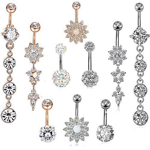 TOPBRIGHT 1-10PCS 18G Surgical Steel Dangle Navel Belly Button Ring Bar Curved Barbell Body Piercing Jewelry for Women Crystal CZ Ball Screw Navel Bars