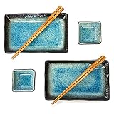Happy Sales 6 Piece Japanese Sushi Plate Dinnerware Set, Blue Ocean