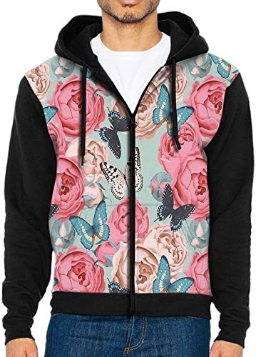 Joapron Peony Roses Butterflies Romantic Graphic Print Men's Zipper Splicing Overcoat Belt Hat and Pocket L