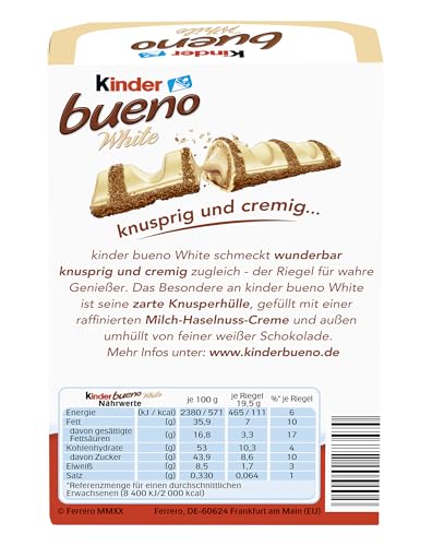Kinder bueno White 6er – Waffel-Riegel mit weißer Schokolade, zarter Knusperhülle und cremiger Milch-Haselnuss-Füllung – Süßigkeiten für Karneval, Fasching – 117g 2
