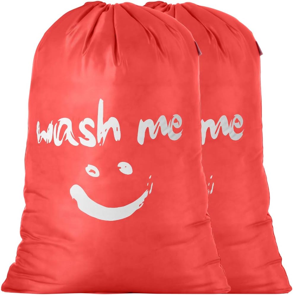 IHOMAGIC2 Pack Laundry Bag Extra Large 100L, Foldable Storage Bag with Drawstring Cord Lock Closure, Nylon Dirty Clothes Bags for Bedroom Home or Dormitory and Travel, Smile Fabric Bag, Orange