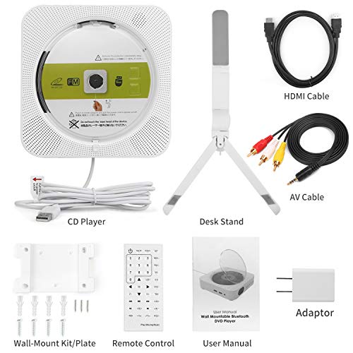 Portable CD/DVD Player with Bluetooth, Wall Mountable CD DVD Player HDMI Built-in HiFi Speakers with Remote for TV, Music Player Support FM Radio USB SD Card AV Jack 3.5mm Headphone Jack