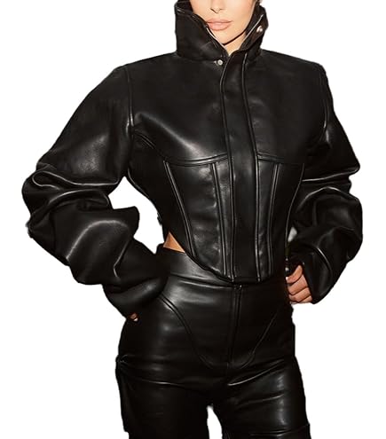 YOUFE Women Faux Leather Jacket Retro Zip Up Motorcycle Long