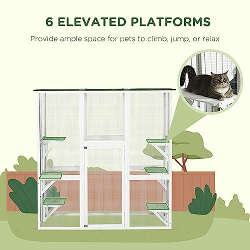 PawHut Outdoor Catio Cat Enclosure, Large Weatherproof Cat House with Asphalt Roof, 6 Jumping Platforms, Wooden Walk-in Kitty Cage for Multiple Kittens, 71" x 39" x 71", White