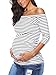 AnnAnn Womens Maternity Tunic Tops Off Shoulder 3/4 Sleeve Classic Side Ruched T-shirt Pregnancy Clothes White/Black Stripe Small