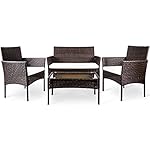 Merax 4 PC Patio Furniture Sets Outdoor Garden Rattan Furniture Sets Cushioned Seat Wicker Sofa (Brown_NO.1)
