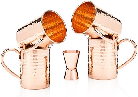Set of 4 Solid Copper Moscow Mule Mugs (No Inner Lining)- Four 16oz Hammered 100% Copper Mugs- Each Handcrafted Mug Contains Over 1/2 Pound of Pure Copper- Bonus Double Jigger & Cocktail Recipe Cards