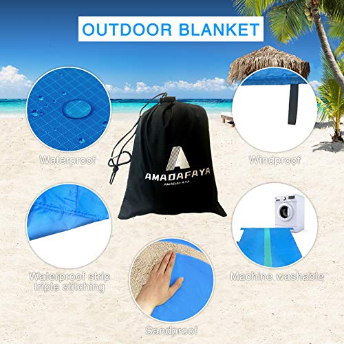 AMADAFAYA Sandfree Beach Blanket，Waterproof Sandproof Beach Mat 79\'\'×83\'\' Oversized Large Portable Lightweight Pocket Picnic Blanket,Outdoor Blanket for Travel, Camping, Hiking Blue Green Mat