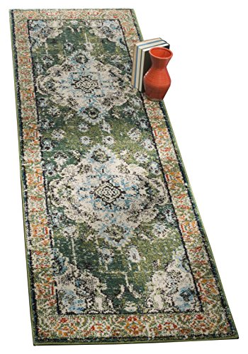 Safavieh Monaco Collection MNC243F Vintage Oriental Forest Green and Light Blue Distressed Runner (2'2" x 14')