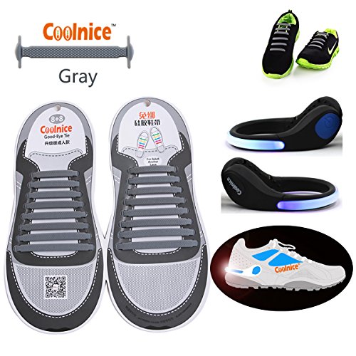 Coolnice No Tie Shoelaces for Plus Adults 16pcs with LED Shoe Clip Lights- Environmentally Safe Waterproof Silicon- Gray Shoelaces with Blue Lights