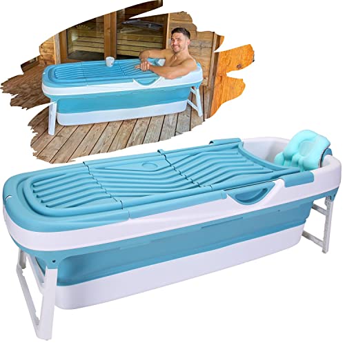 CRS Baignoire pliable pour adulte - 158 x 62 x 52 cm - Baignoire mobile pliable idéale pour les petites salles de bains - Baignoire pliante portable à poser - Bleu