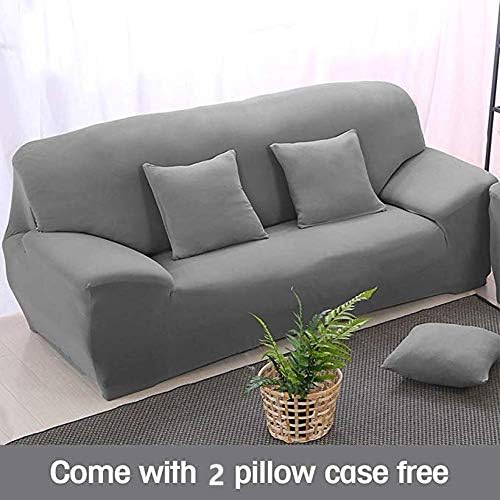 Universal One-Piece Elastic Fabric Sofa Slipcover L Shape Couch Cover Solid Color Stretch Couch Armchair Slipcover Settee Sectional Furniture Protector (Grey, 3 Seater)